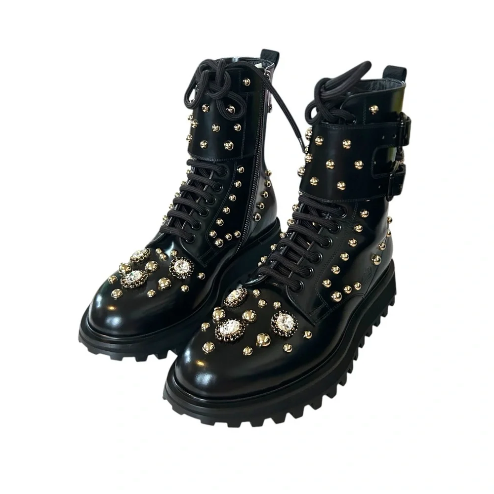 Dolce & Gabbana 9 Naxos combat boot studded jeweled lace‎ up zip crown embossed